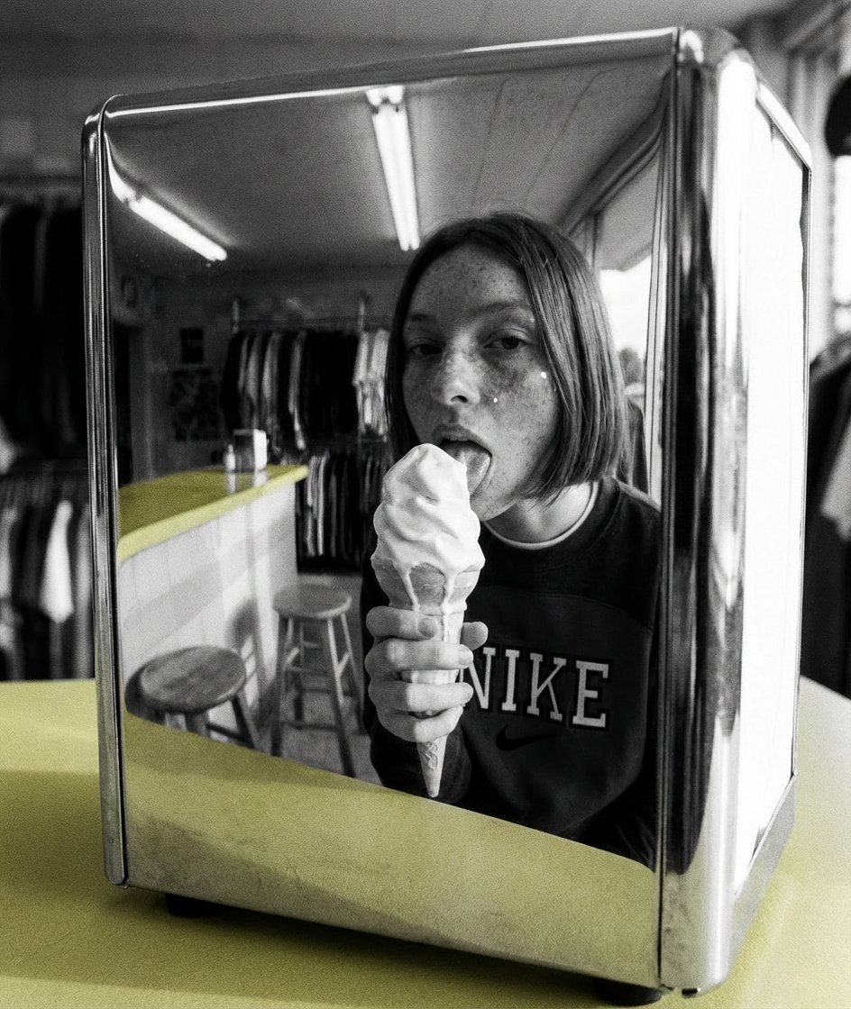 Napkin dispenser reflection — black & white